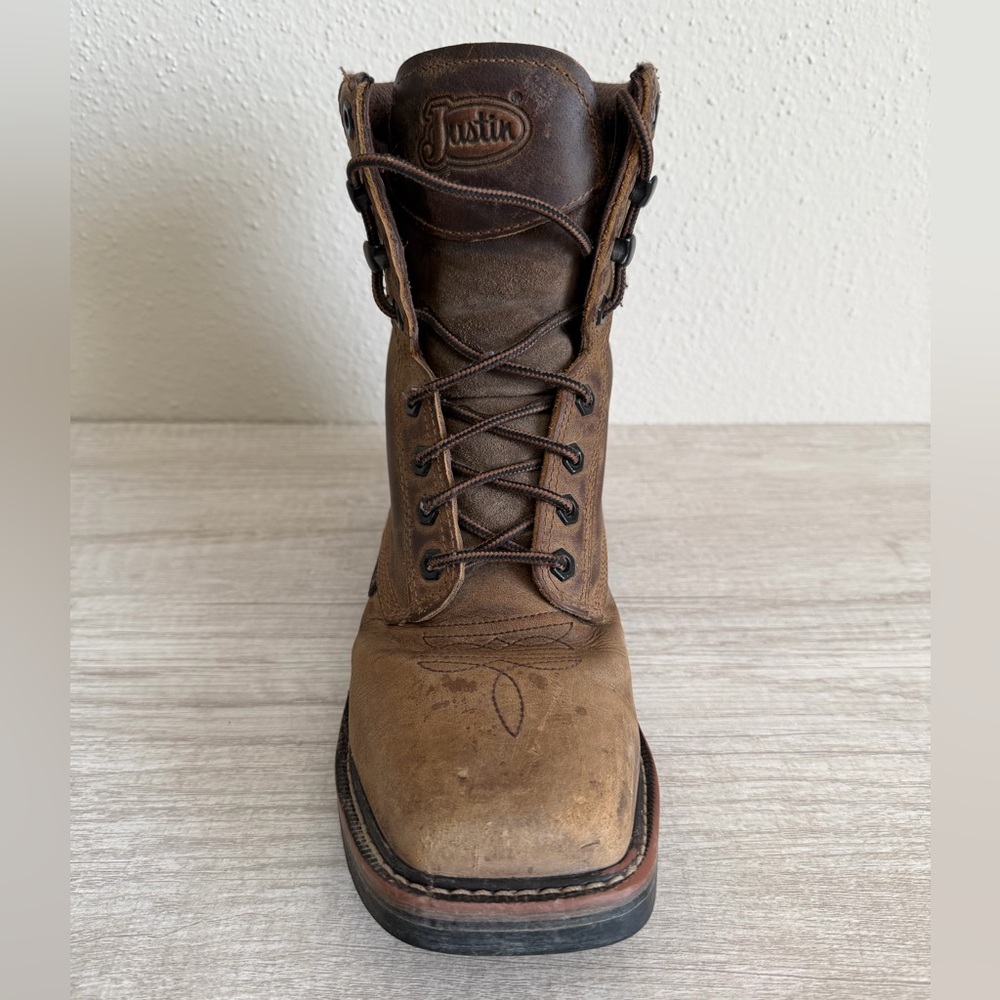 Justin Mens Pulley Brown Steel Toe Lace Up Western Work Boots SE682 size 6D - Picture 3 of 15